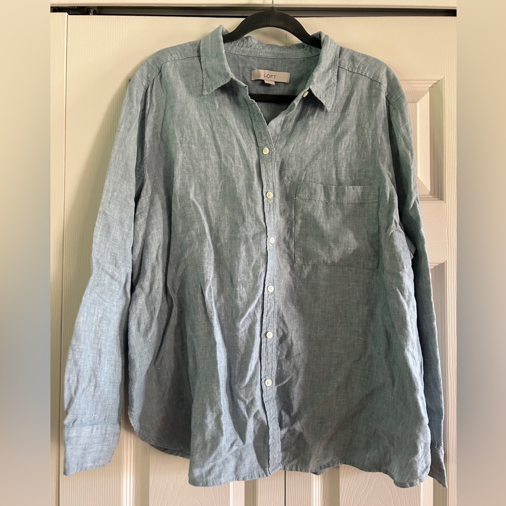 Loft Blouse Women's XL Blue Long Sleeve Button Up Collared 100% Linen Summer